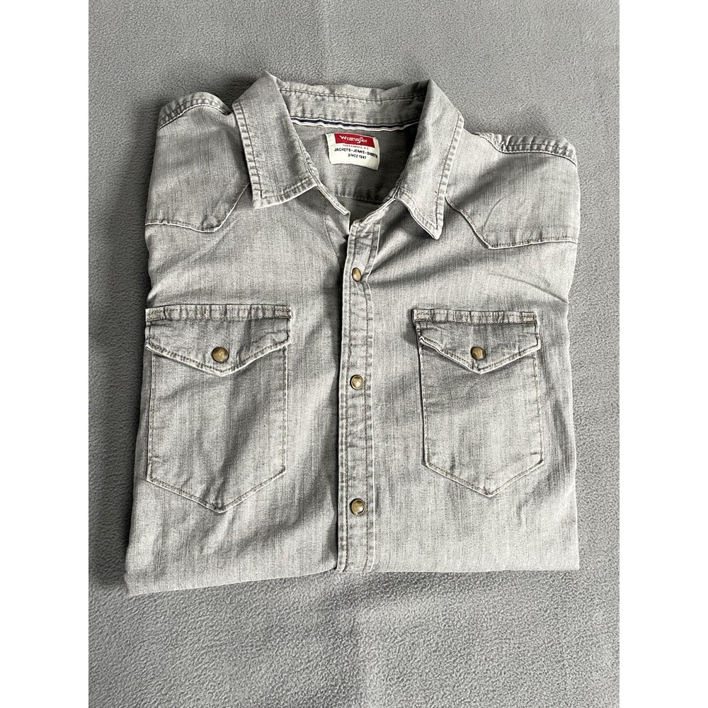Wrangler Mens Western Chambray Pearl Snap Button Up Shirt Cowboy XL Gray